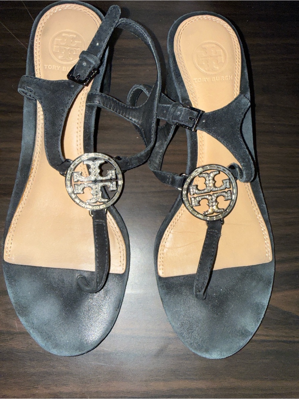 Tory Burch Black Suede Logo T-Strap Sandals
